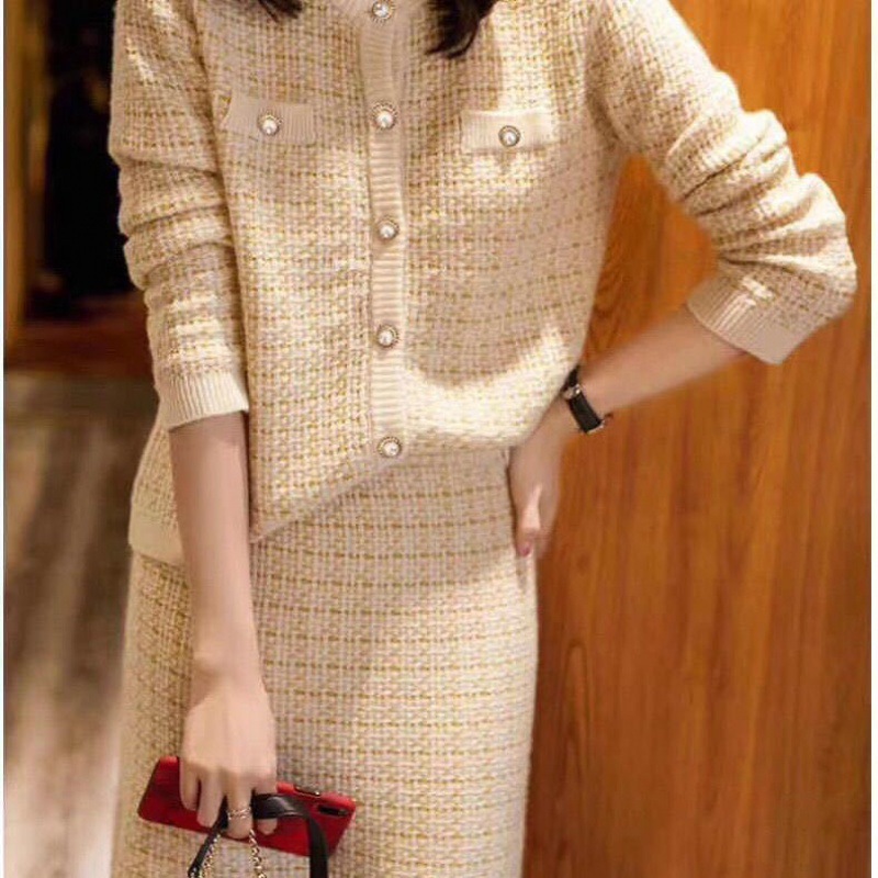 Women's Gold Thread Check Wool Knit Suit