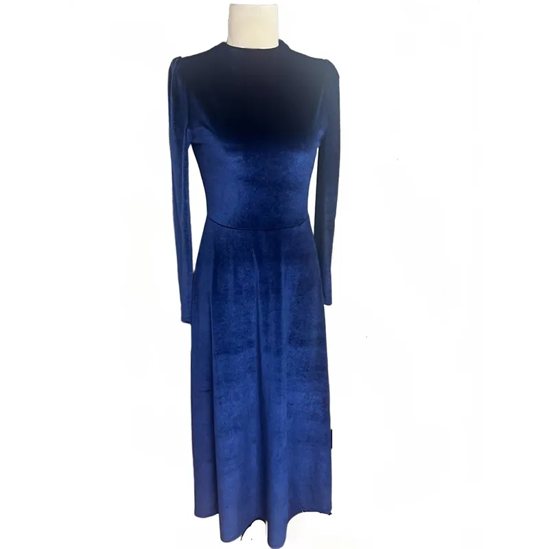 Women's Velvet Maxi Dress, Round Neck A-Line Long Sleeve Evening Dress For Fall Winter - Blue