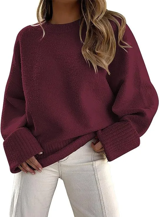 Women's Fashion Casual Round Neck Long Sleeve Plush Sweater Top Wine Red - Shop at LoveMi