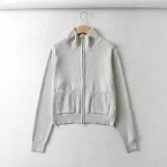 Women's New Lapel Double Zip Turtleneck Knitted Sweater Coat - Grey - View 1