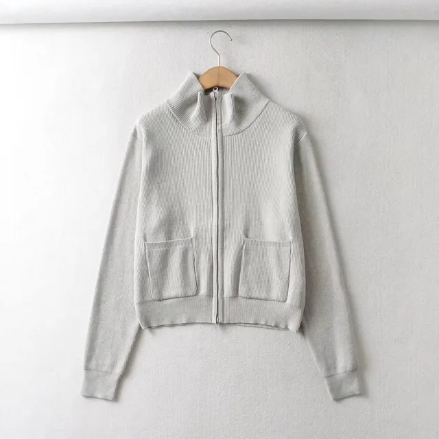 Women's New Lapel Double Zip Turtleneck Knitted Sweater Coat Grey - Shop at LoveMi