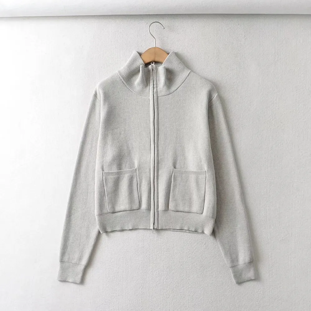 Women's New Lapel Double Zip Turtleneck Knitted Sweater Coat - Grey