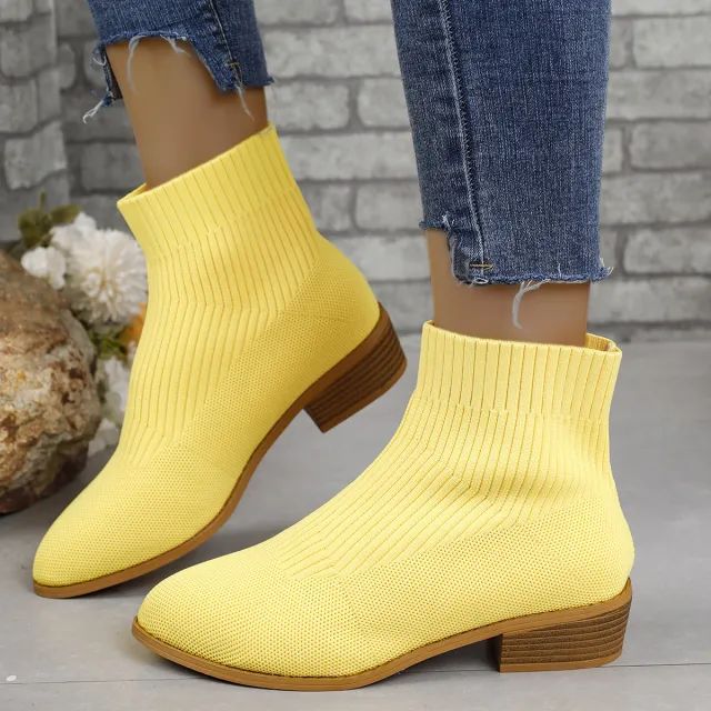 Chunky Heel Pointed Toe Ankle Boots Fashion Breathable Mid tube Knitted Socks Shoes For Women Short Boot Yellow - Shop at LoveMi