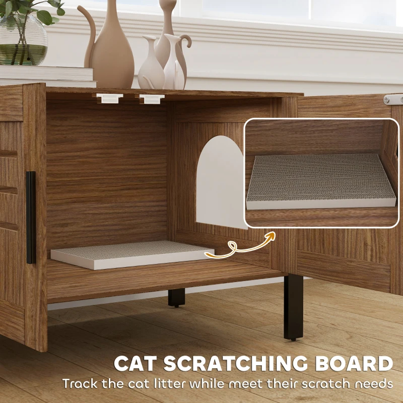 PawHut Cat Litter Box Enclosure With Tall Legs, Scratching Board, Dark Brown,