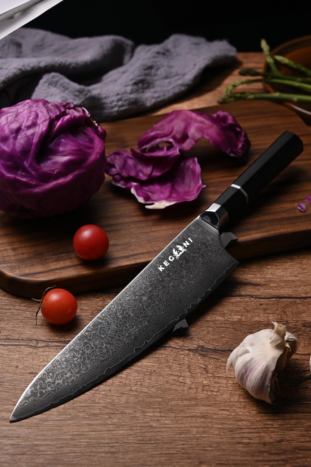 Kegani Japanese Kiritsuke Chef Knife with 67 Layers VG-10 Damascus Steel and Ebony Full Tang Handle for Sushi and Gyuto Knife