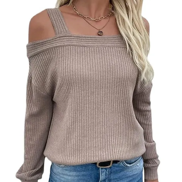 European And American Knitted One shoulder Shirt Camel - Shop at LoveMi