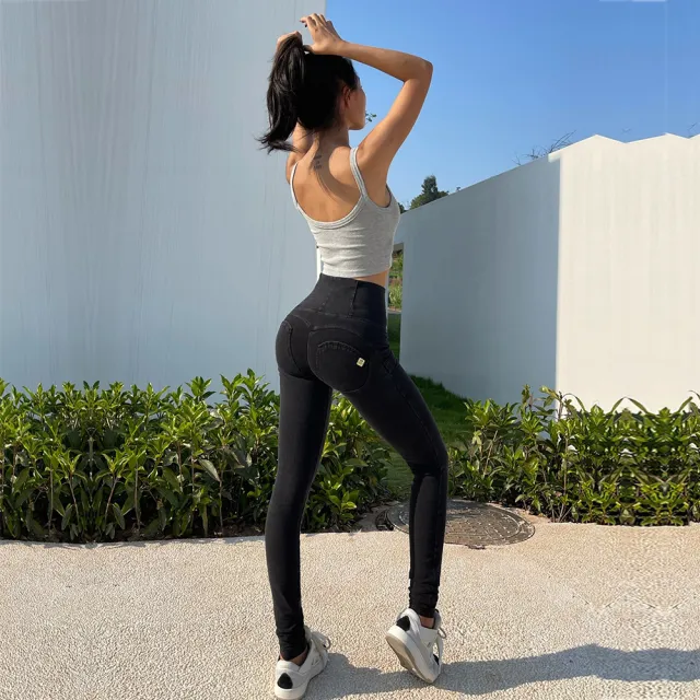 Women's Hip Lift High Waist Yoga Denim Peach Pants Black - Shop at LoveMi