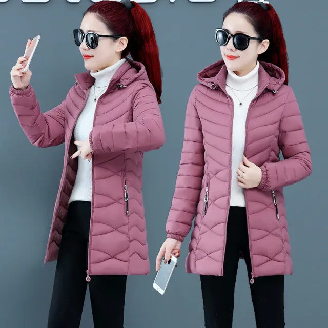 Medium Length Slim Cotton Padded Jacket Women Dark Pinkish - Shop at LoveMi