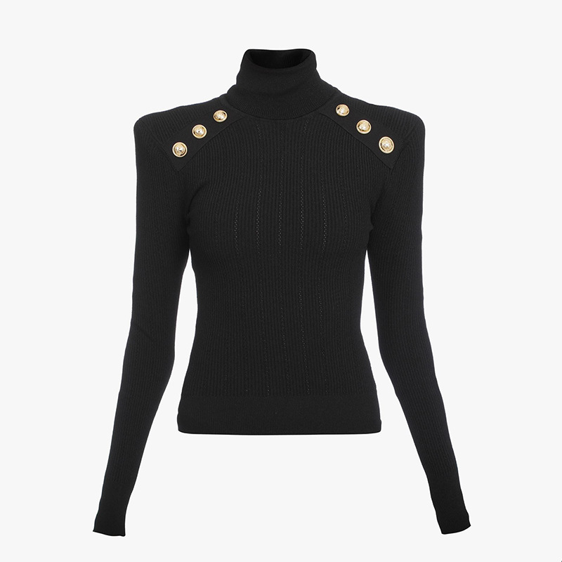 Pullover Black Long-sleeved Knitted Turtleneck Fleece Blend Slim Top