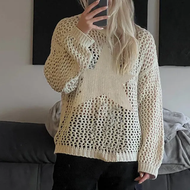 Slouchy Street Fashion Loose Long Sleeved Knitwear Looks Thin Through Hollowing Out Beige - Shop at LoveMi