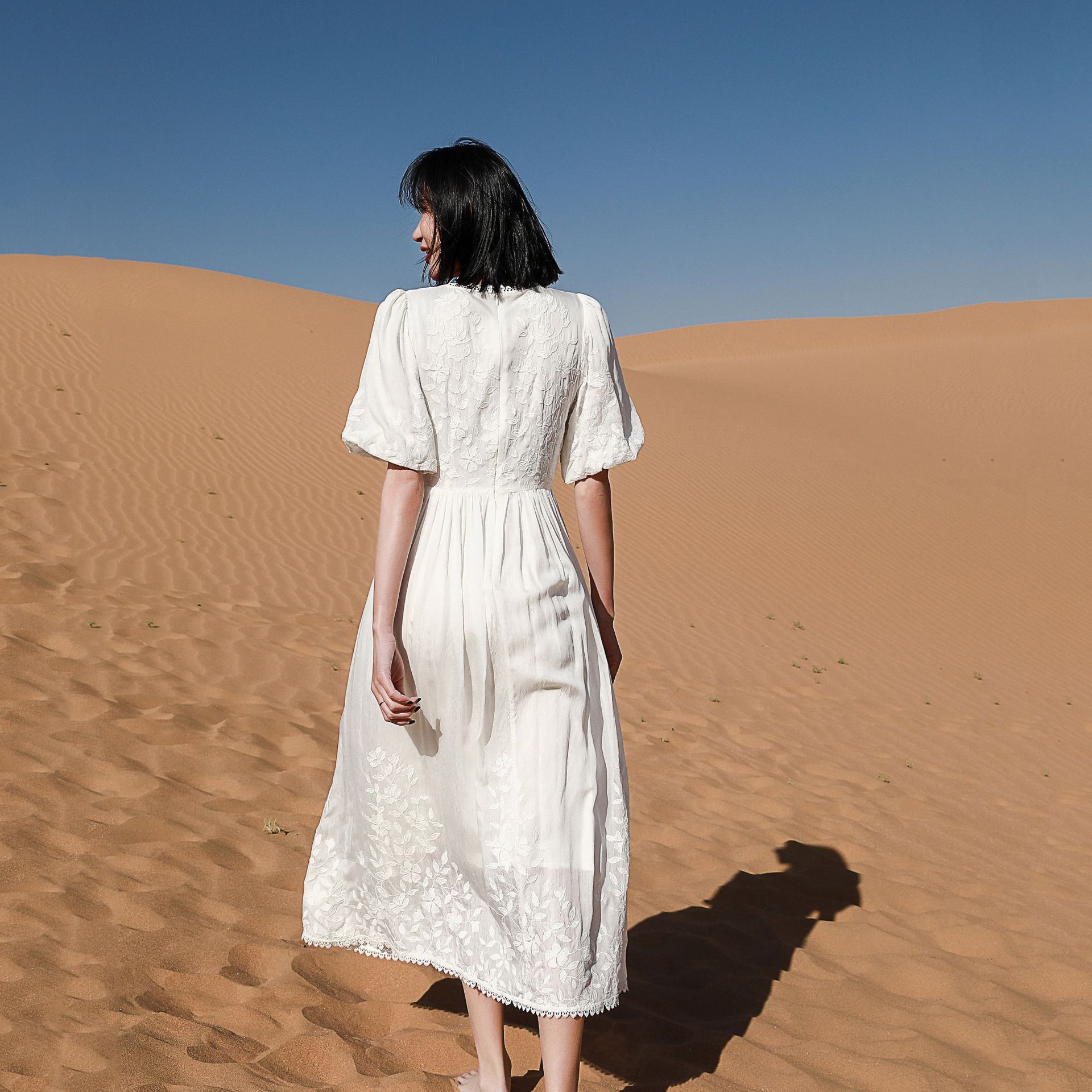 Puff-Sleeve Silk Dress