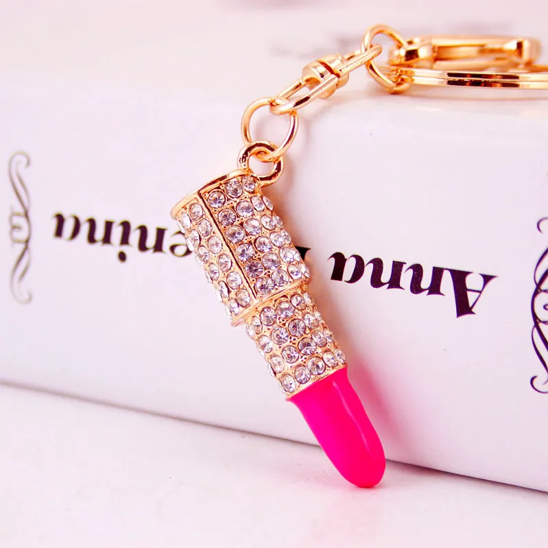 Women's Small Gifts Rhinestone Lipstick Keychain - Rose Red