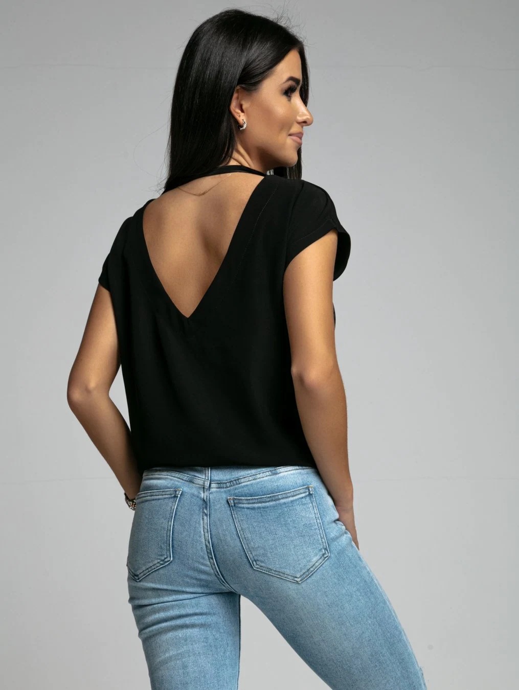 Summer Solid Color V-neck Open-back Short-sleeved Simple T-shirt Top