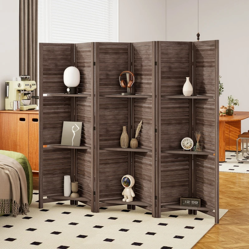 6 Panel Tall Wood Privacy Screen Room Divider With 3 Shelves And Folding Storage For Bedroom, Walnut