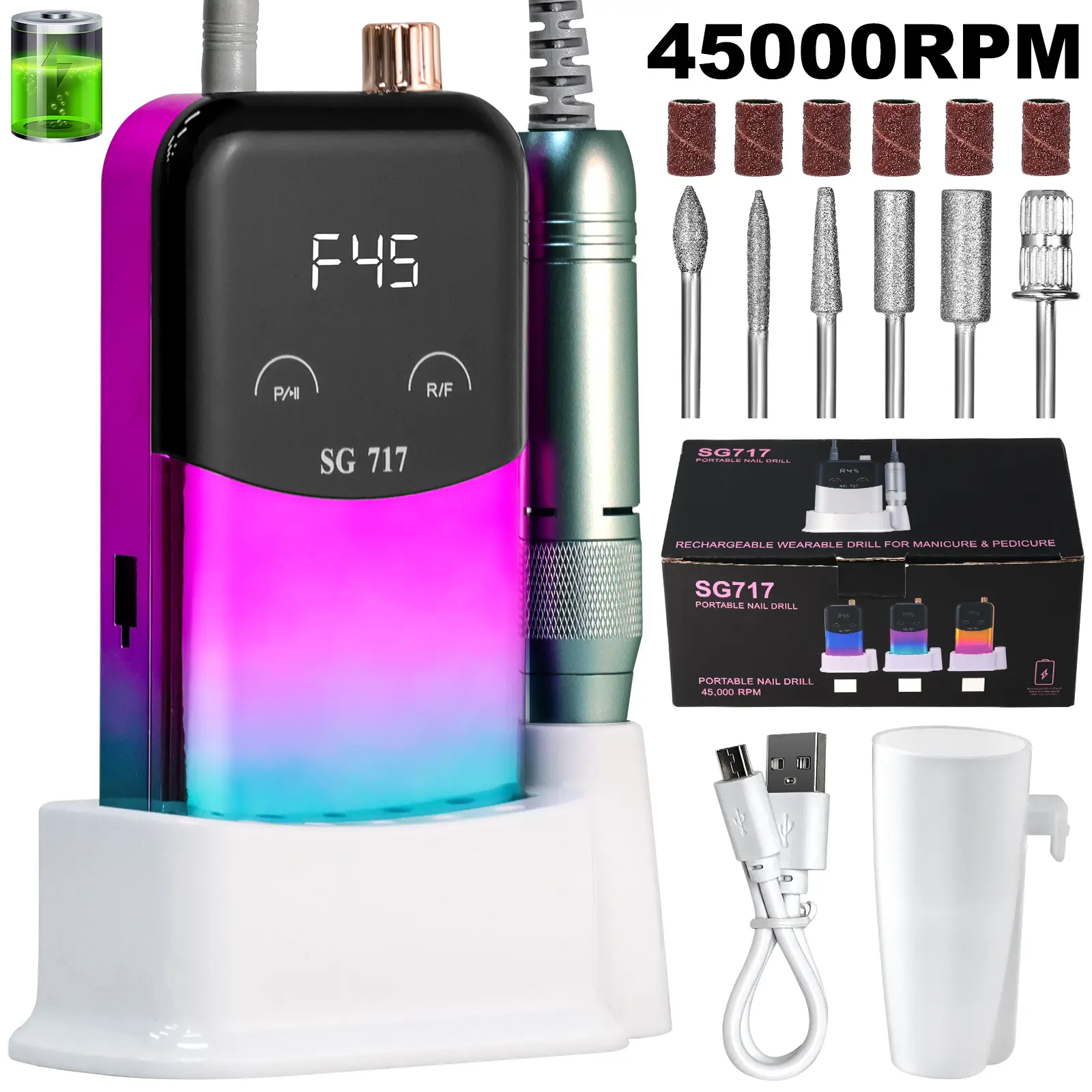 Professional Electric Nail Drill Machine Gradient - Solid Color, 45000RPM Portable Rechargeable Efile Nail Drill Cordless,Electric Nail File Kit For Women