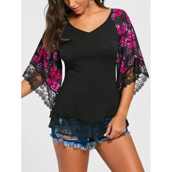 New Printed Short Sleeve Lace Panel V Neck T Shirt Red - Shop at LoveMi