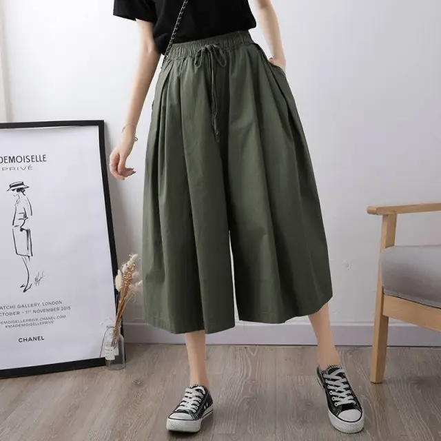 Female Students Korean Version Of Loose High waisted Nine quarter Pants Skirt Casual Pants Green - Shop at LoveMi
