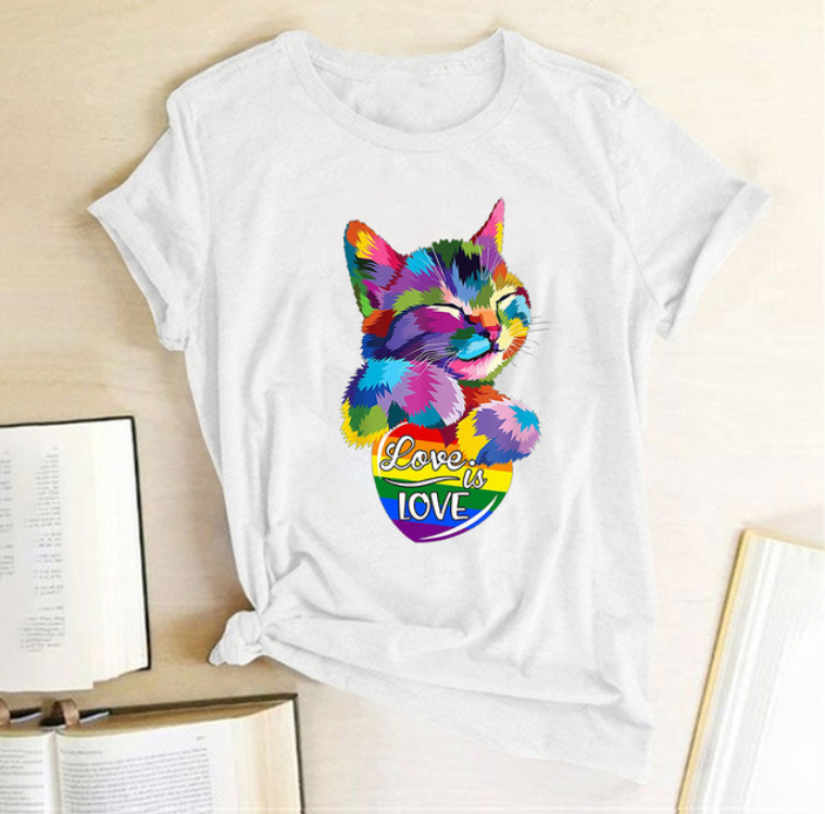 Title 4, Colorful Cat LOVE Letter Print Female T-shirt