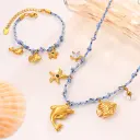 Blue Rope Braided Ocean-themed Pendant Set, Featuring Starfish, Dolphins, And Sea Turtles, Multi-dangling Necklace And Bracelet. view 15