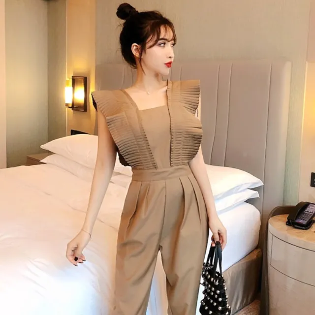 Women's High Waist Loose Wide Leg Ruffled Jumpsuit Khaki - Shop at LoveMi