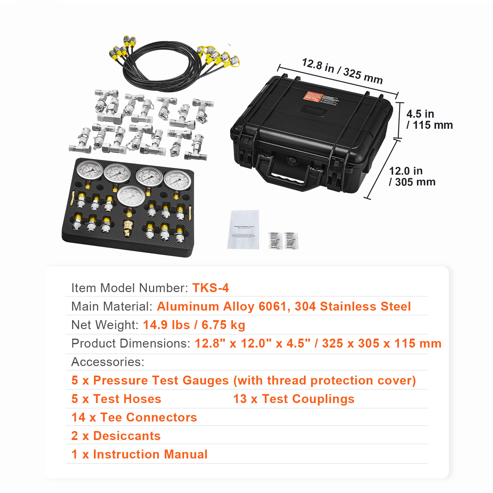 VEVOR Hydraulic Pressure Test Kit, 5 Gauges 13 Couplings 14 Tee Connectors 5 Test Hoses, Excavator… image 4