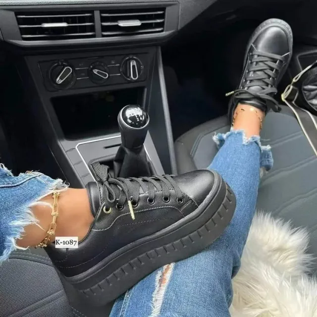 Chunky Heel Shoes Ankle Boots Lace up Sneakers For Women Black - Shop at LoveMi