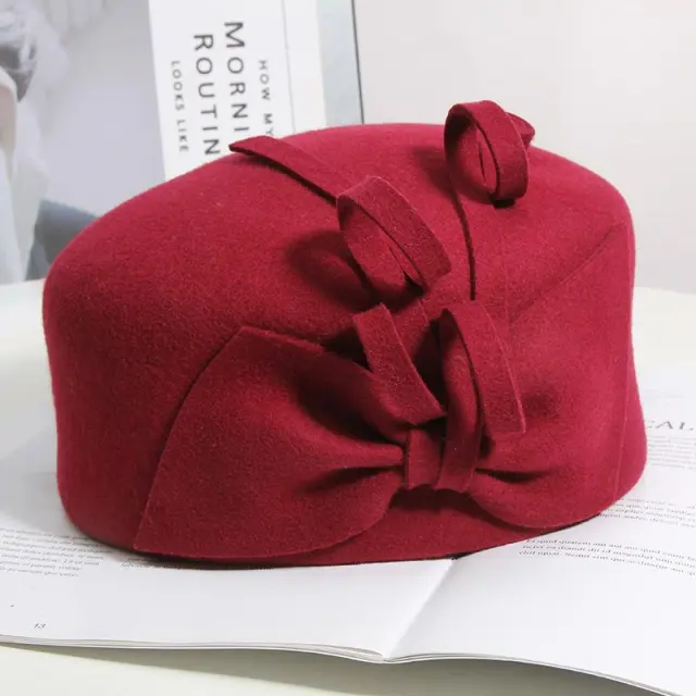 Women's Autumn And Winter Floral Woolen Hat Wine Red - Shop at LoveMi