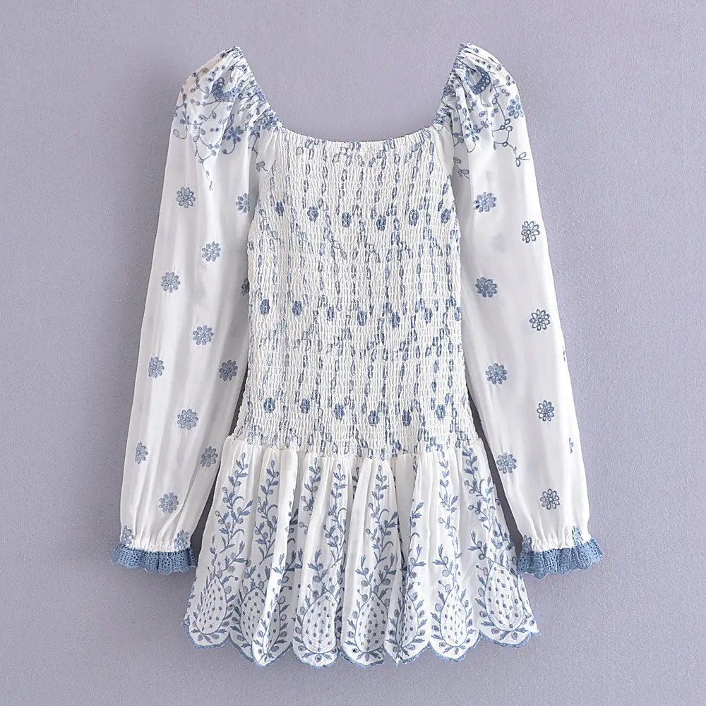 Summer New Women's Square Collar Blue And White Porcelain Heavy Industry Full Body Embroidered Elastic Dress Short Skirt