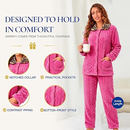RONGTAI Leopard Button Down Pajama Set Long Sleeve Plush Fleece PJs — image 6