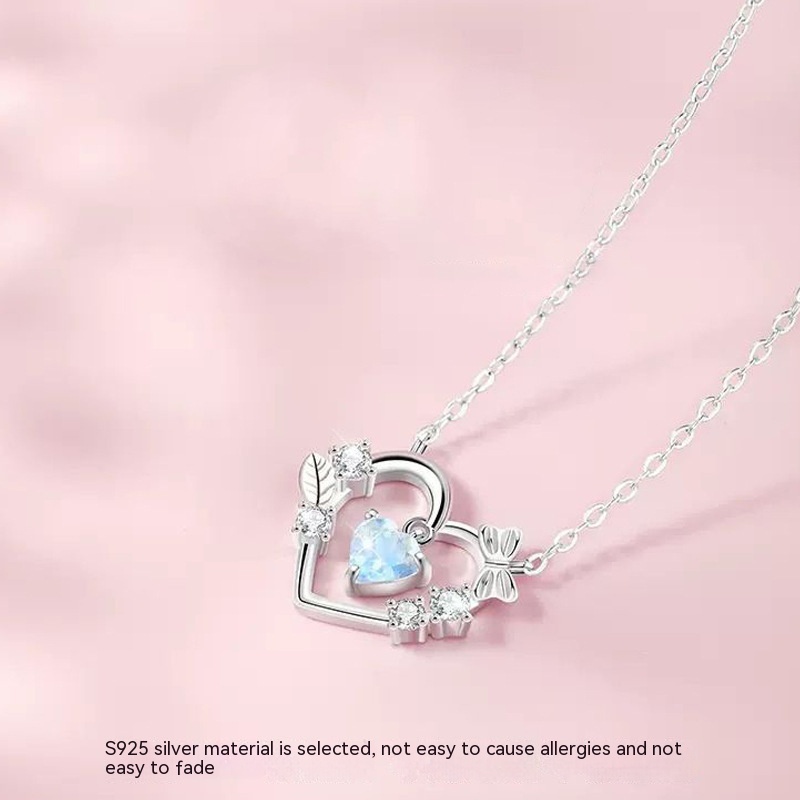 Girls' Sterling Silver Pink Heart Clavicle Chain Light Luxury Minority Temperament Wild