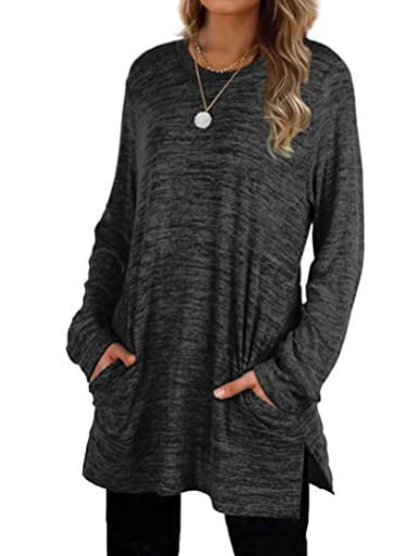 Title 6, Casual Loose Round Neck Pocket Long Sleeved Mid...