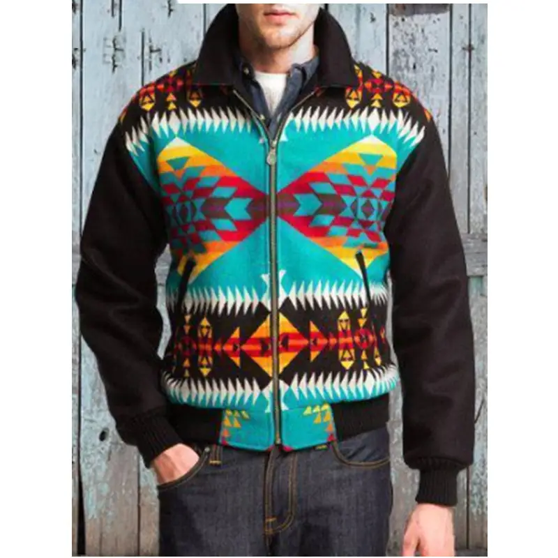 European And American Casual Zipper Lapel Long-sleeved Sweater Printed Top