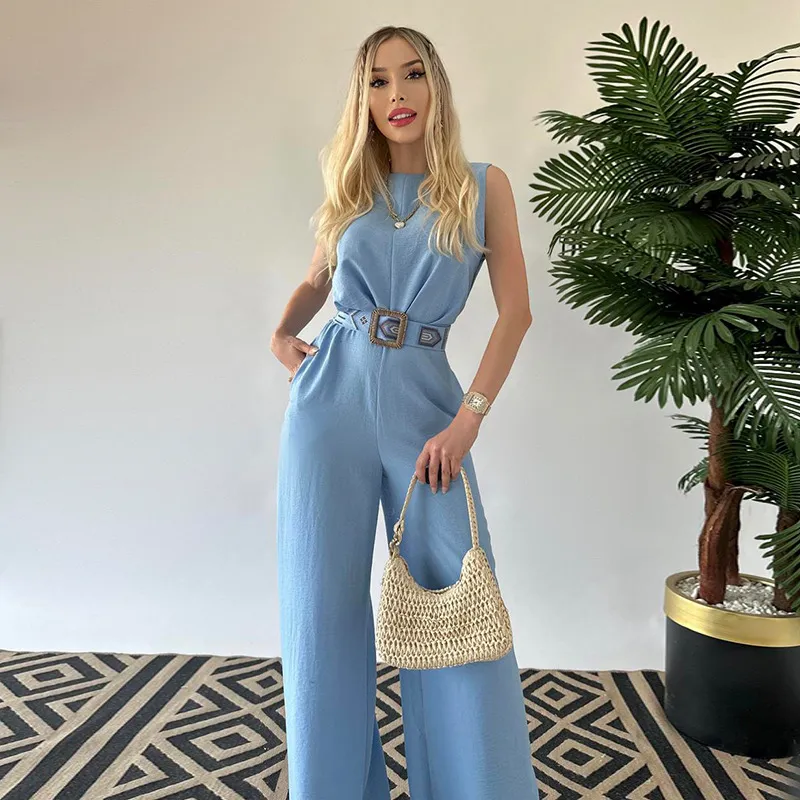 Women's Fashion Elegance Sleeveless High Waist Loose Wide Legs Jumpsuit - Blue