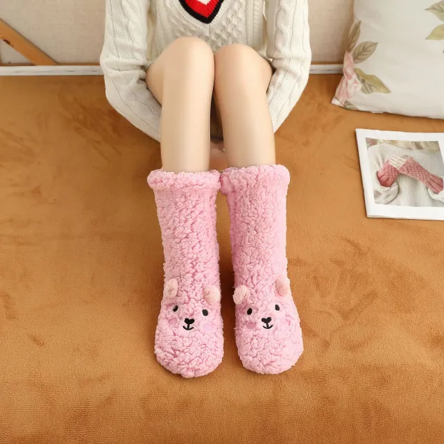 Lamb Velvet Bear Cute Embroidered Floor Shoes Warm Socks Pink - Shop at LoveMi
