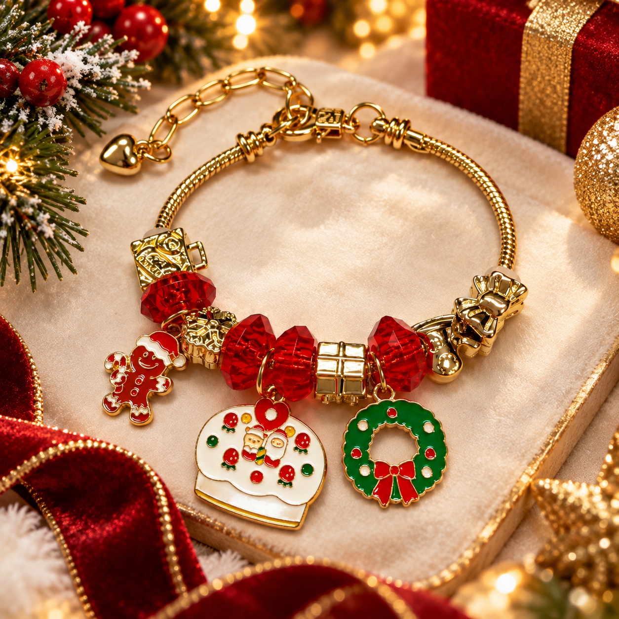 1 buc Cute Christmas Gingerbread Man Charm Bracelet Gold Snake Chain Enamel Wreath Cake Glass Beads Holiday Xmas Jewelry For Women