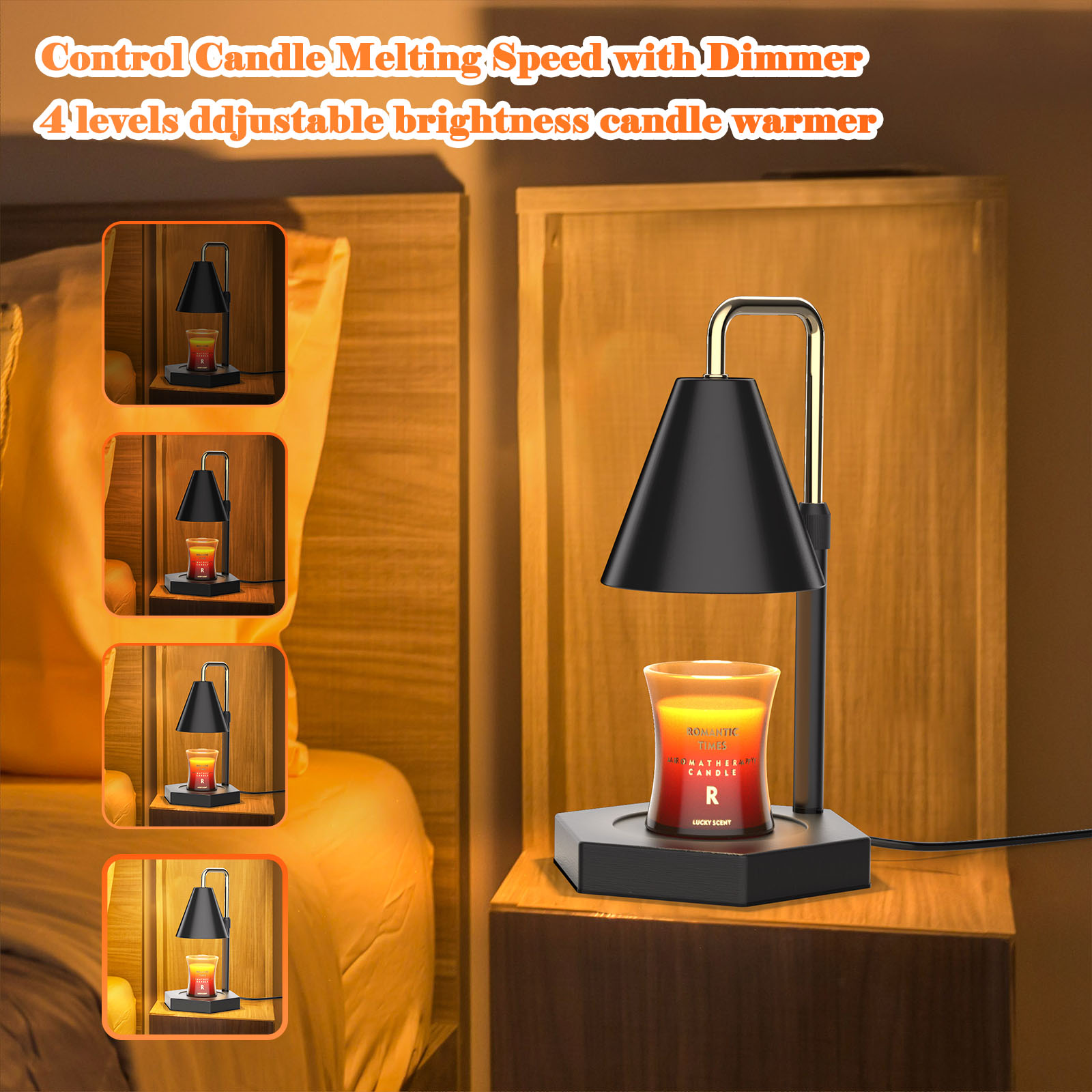 Electric Candle Warmer with Timer and Dimmable Settings. Brightness & Height Adjustment: Our candle warmer has the function of adjusting the light, 4 kinds of light brightness, can meet your different needs, the brighter the light, the faster the candle m