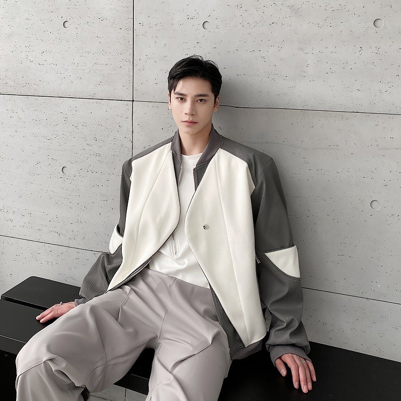 Men's Deconstructed Sense Of Patchwork Leather Jacket Short Tweed Jacket