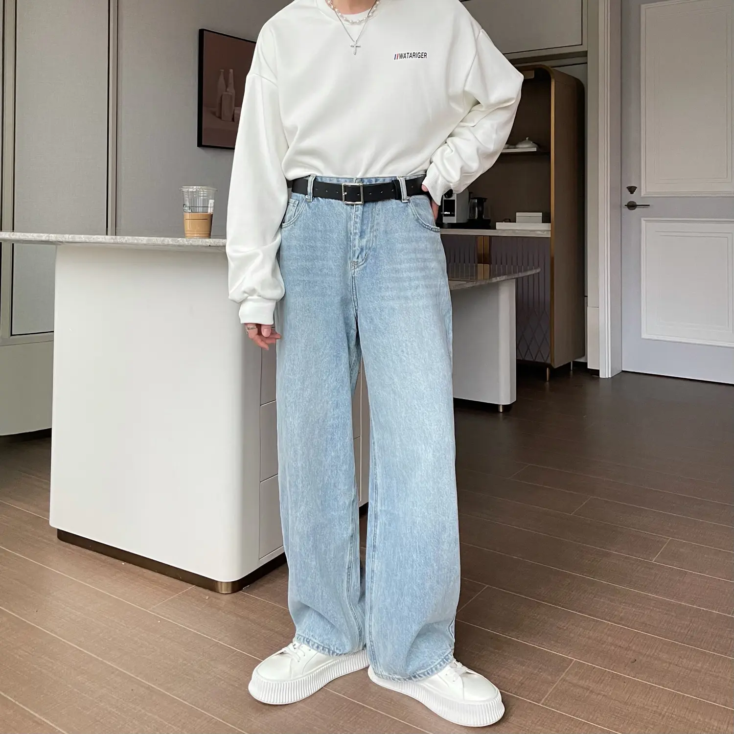 Korean Style Frayed Distressed Metal Design Straight-leg Ins Jeans