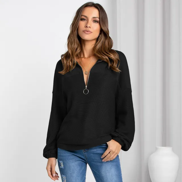 Women's Fashion Casual Pullover V Neck Solid Color Loose Sweater Black - Shop at LoveMi