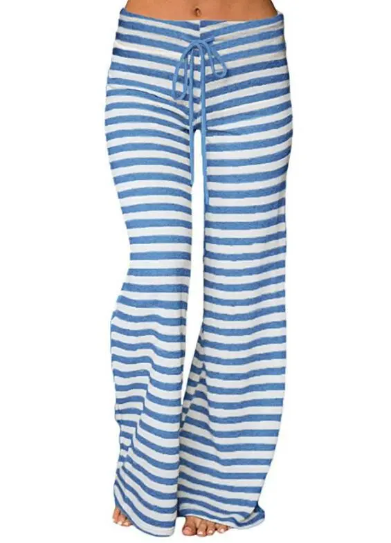 Striped Wide Leg Drawstring High Waist Yoga Pants Blue - Shop at LoveMi