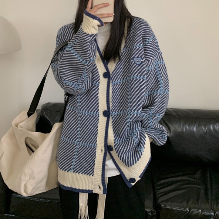 Women's Loose Sweater Plaid Jacket Cardigan