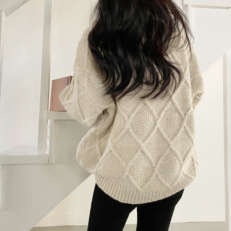 Women's Loose Warm Vintage Diamond Twist Half Turtleneck Pullover Sweater