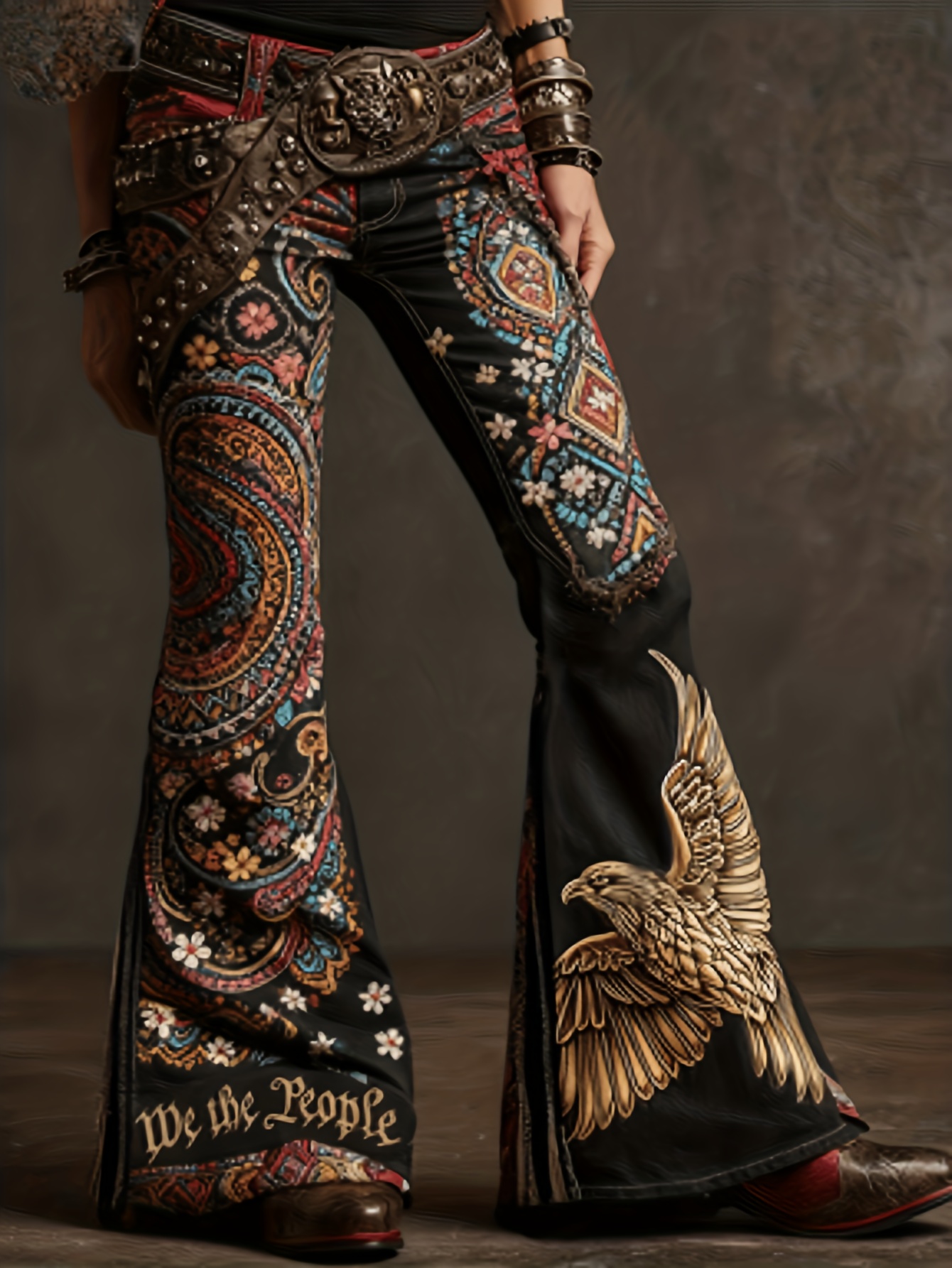 Pantalon évasé femme rétro imprimé, taille haute à bouton unique – Color14, XXL