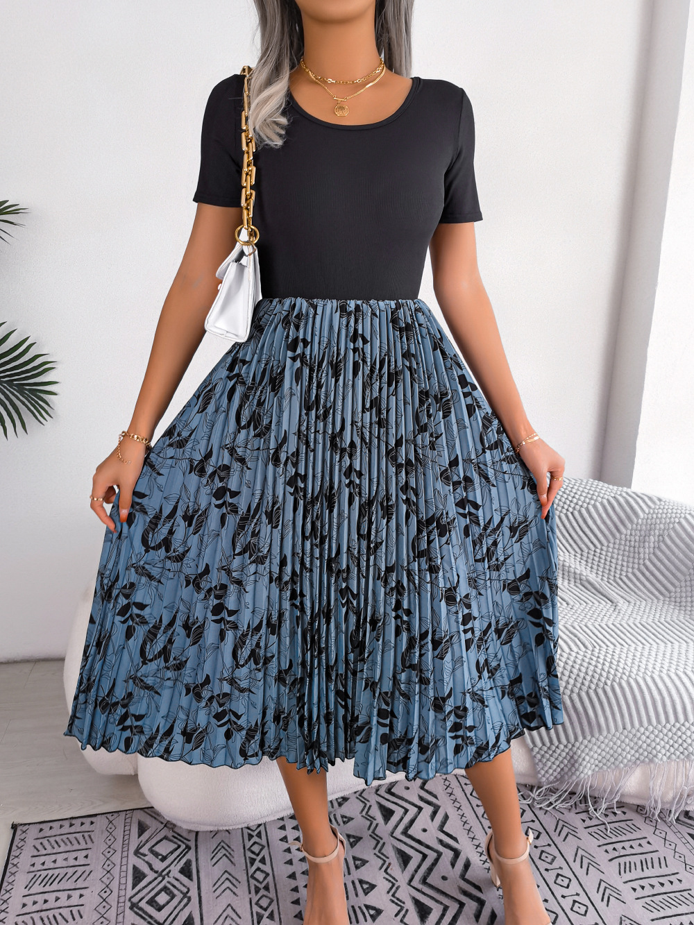 Women Casual Leaf Print High Waist Pleated Midi Dress - Image 11