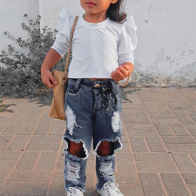 White Sunken Stripe Flounced Sleeve Long Sleeve T-shirt Denim With Hole Suit