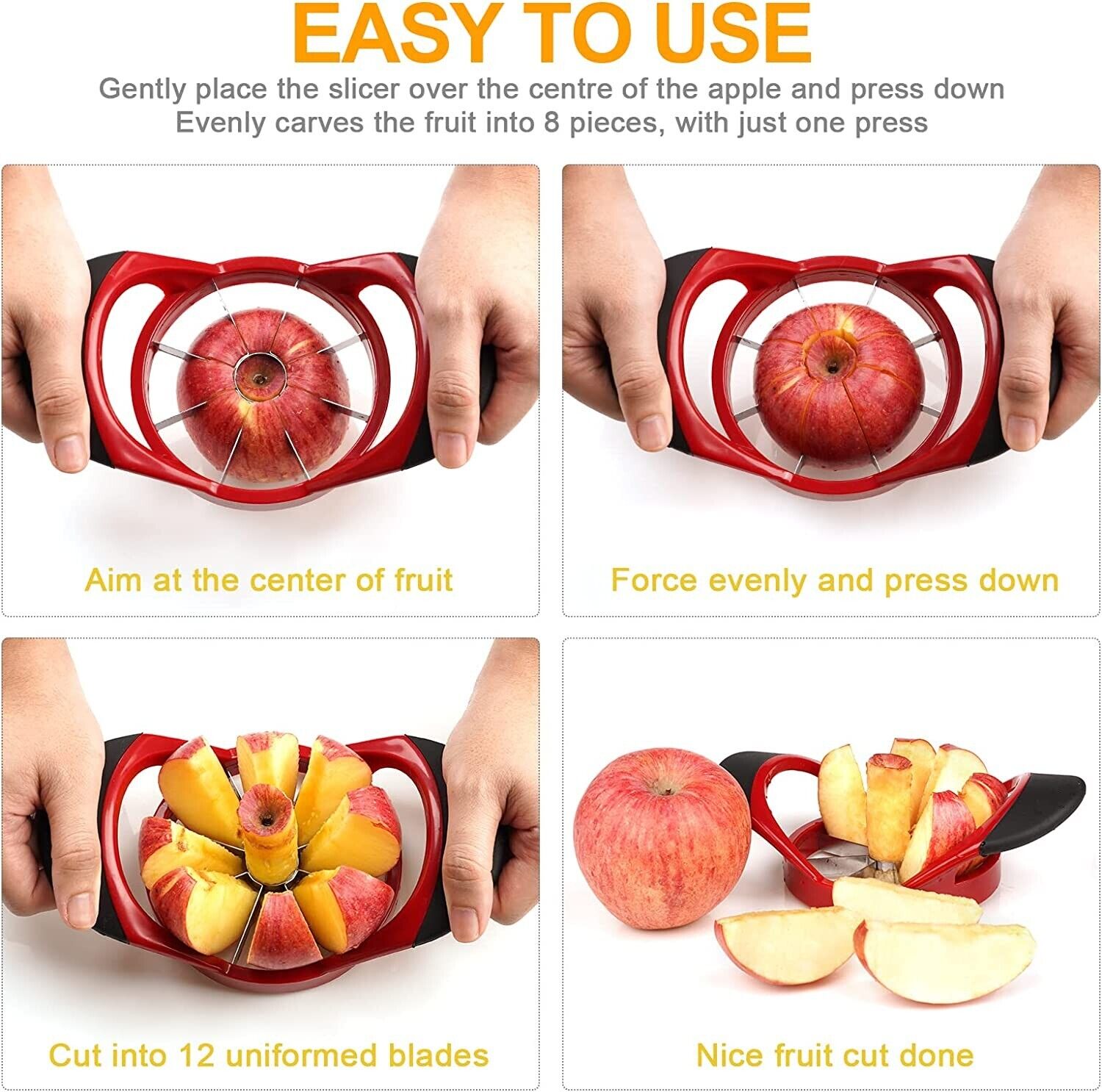 Stainless Steel Apple Cutter, Corer, and Slicer - Easy-to-use slicer: Apple slicer appliance that allows users to quickly and efficiently slice and core apples into 8 slices. Slices and cores in seconds: With the push of a button, users can slice and core