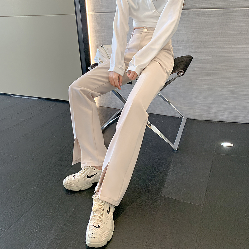 Front Slit Suit Pants Women High Waist Loose Drape