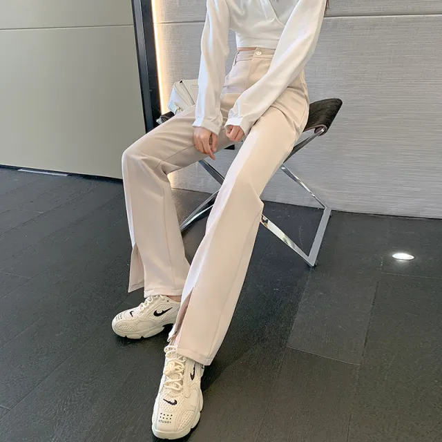 Front Slit Suit Pants Women High Waist Loose Drape Beige - Shop at LoveMi