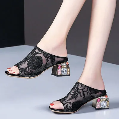 Ethnic Wind Rhinestone Mid heel Mesh Slippers Black - Shop at LoveMi