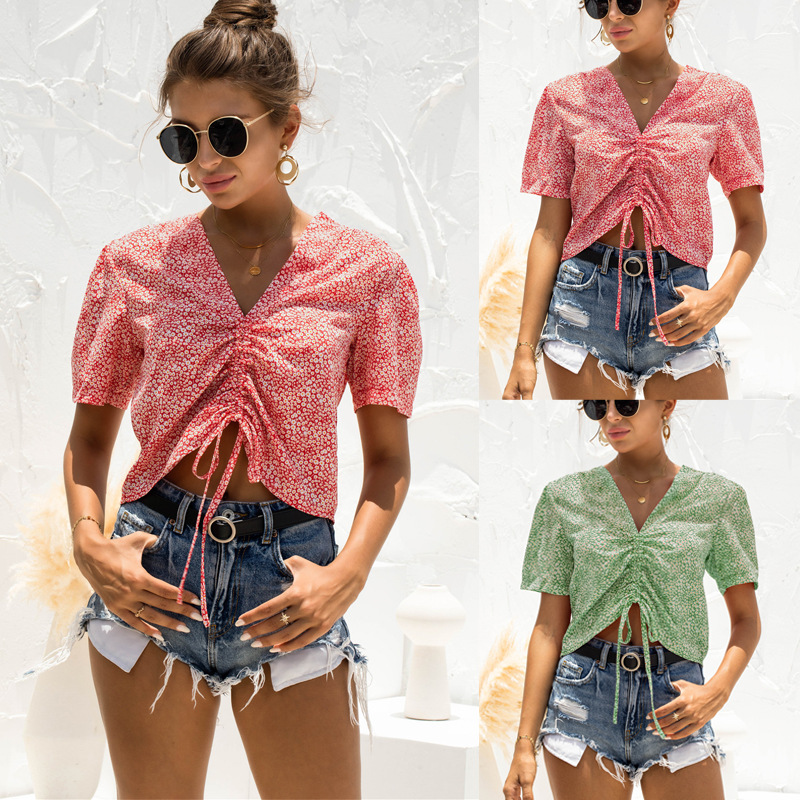 V Neck Floral Drawstring Top